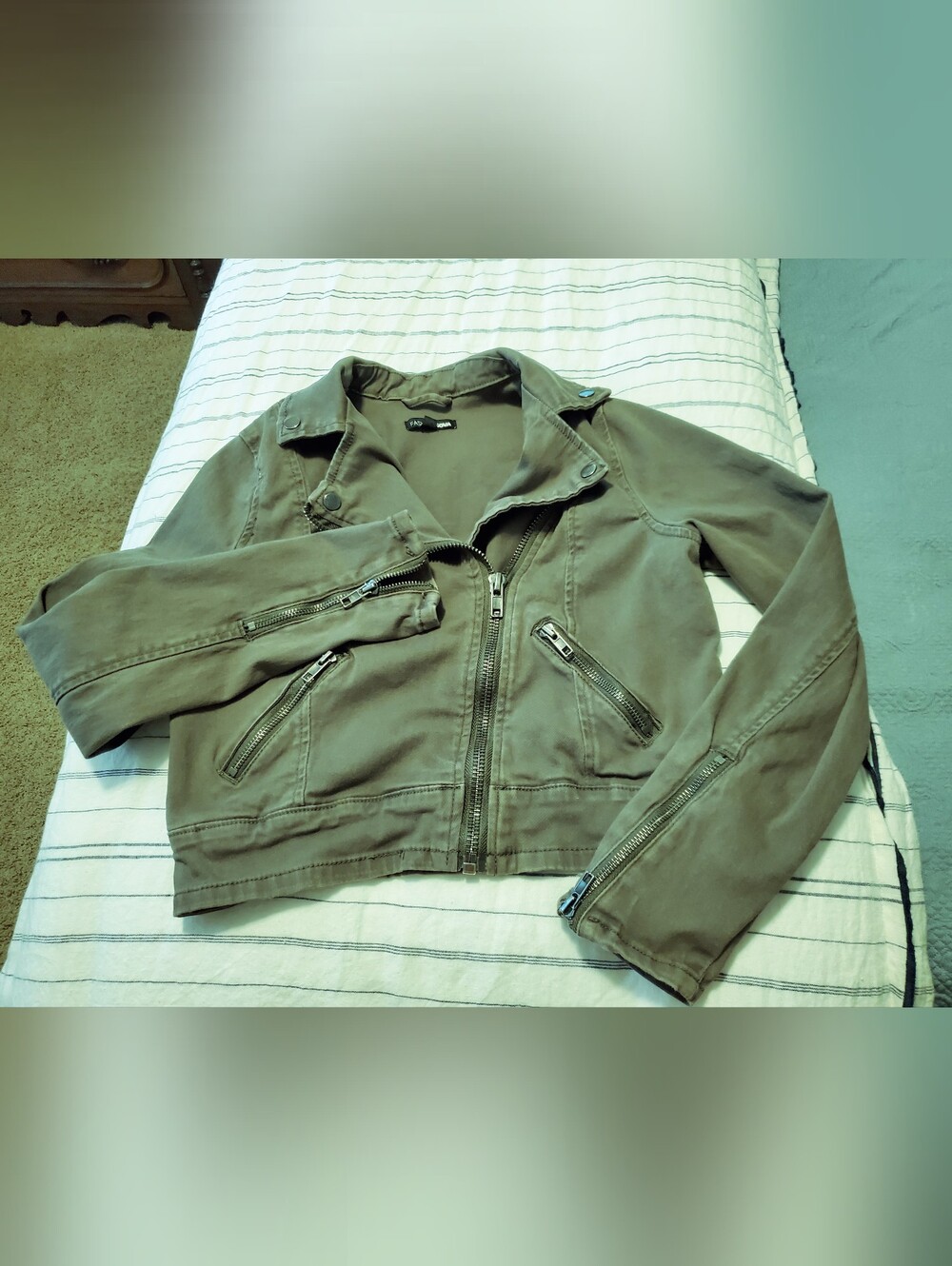 Asymmetrical Olive Green Moto Jacket, Zipper Details, Size XS-XXS